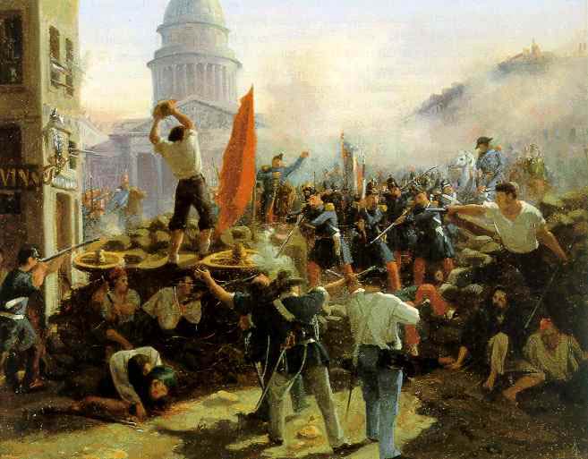 Painting of a barricade on Rue Soufflot